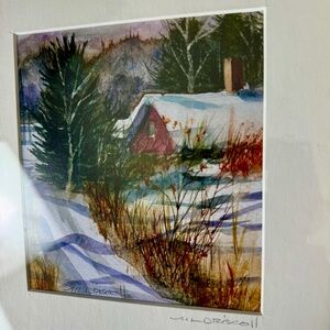 ML Driscoll Signed Fine Art Print of Watercolor Framed Snowy Farmhouse Scene